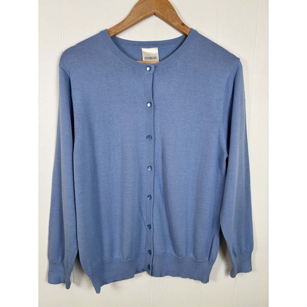 Bedford Fair‎ Petite Medium Blue Cardigan Sweater Grannycore Cotton Blend Spring